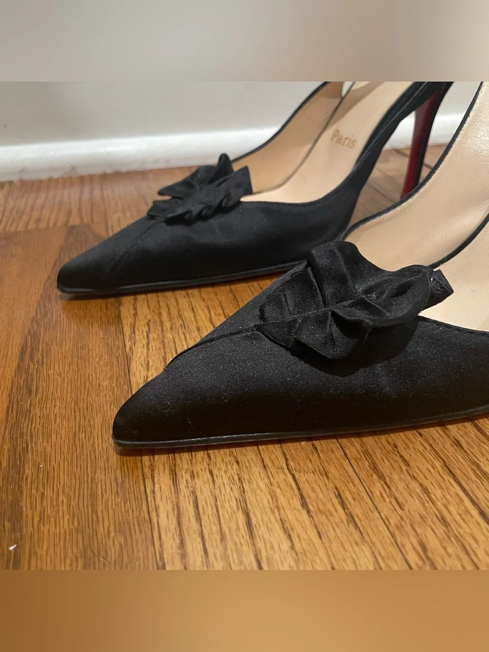 Christian Louboutin Black Satin Slingback Pointed Toe Ruffle Heels Women’s 37.5